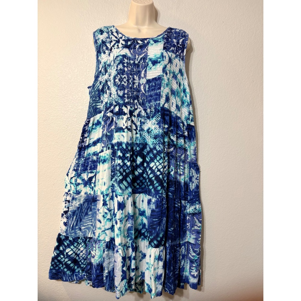 La Cera Blue Patchwork Batik Smocked Tiered Midi Dress Sleeveless Rayon Boho